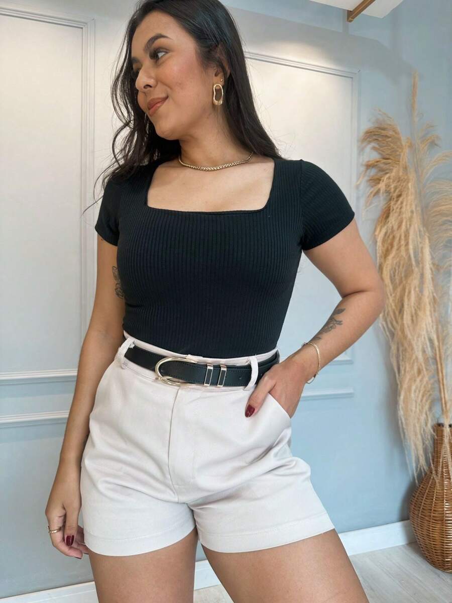 Women's Ribbed Blouse Square Neck Short Sleeve Casual Everyday Blouse - Black - View 1