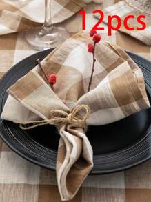 2/6/12 件现代格子餐巾，抗皱面料鸡尾酒餐巾，适用于酒店、餐厅、家庭、派对、宴会 - 卡其色 - 查看 14