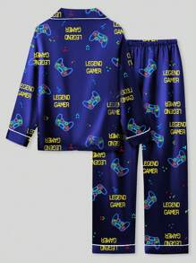 Tween Boy 游戏图案撞色滚边长袖衬衫和宽松长裤 2 件套睡衣套装