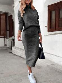 Comfortable Knitted Skirt And Sweater Set - Black Jasper - View 2