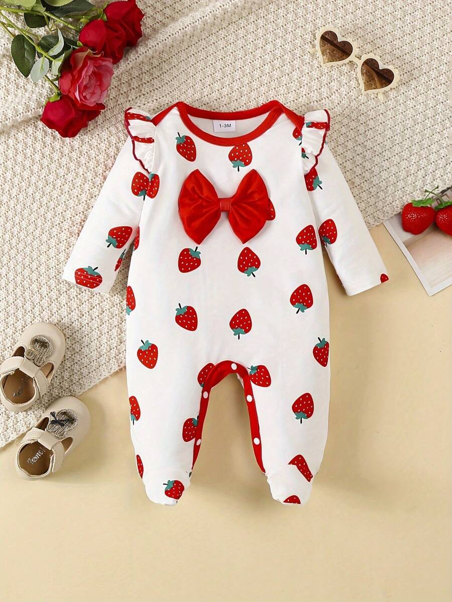 Baby Girl 1pc Cute Bow & Strawberry Print Newborn Jumpsuit