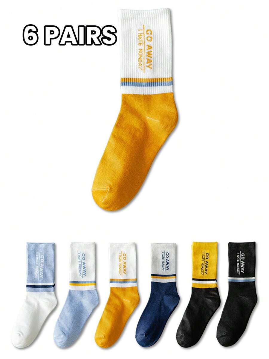 6双装男士袜子四季多色字母刺绣吸汗透气个性时尚休闲中筒袜 - 彩色 - 查看 1