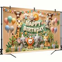 1 Piece Of Happy Birthday Banner With Jungle Animals, Outdoor And Indoor Party Decoration, Festive Forest Animal Theme, No Need For Power, Multifunctional,Christmas