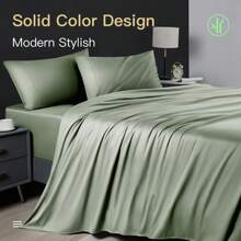 LBRO2M 4Pcs Cooling Silky Bamboo  Bed Set, Breathable Bed Sheets, 16-Inch Deep-Pocket Fitted Sheet, Perfect For Halloween Or Christmas Gifts (Includes 1 Flat Sheet + 1 Fitted Sheet + 2 Pillowcases) - 鼠尾草綠 - 查看 1