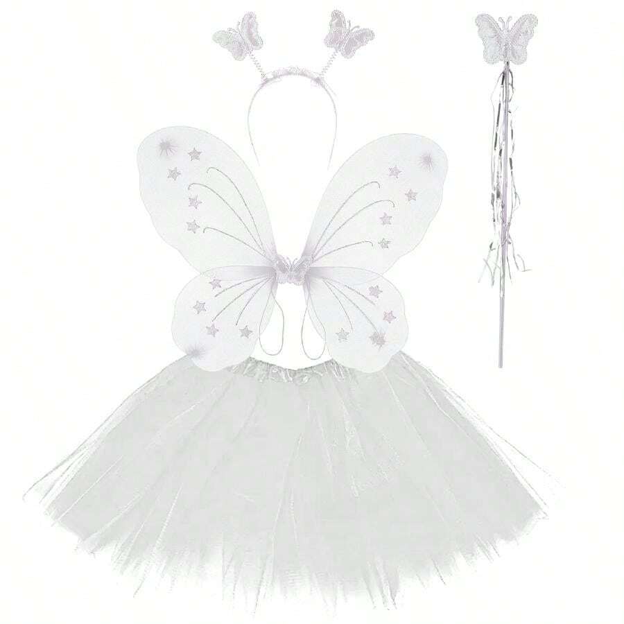 Fairy Butterfly Wing Costume With LED Complete For Children - Carnival Party. - 4pc Set Plain Tulle WHITE - View 1