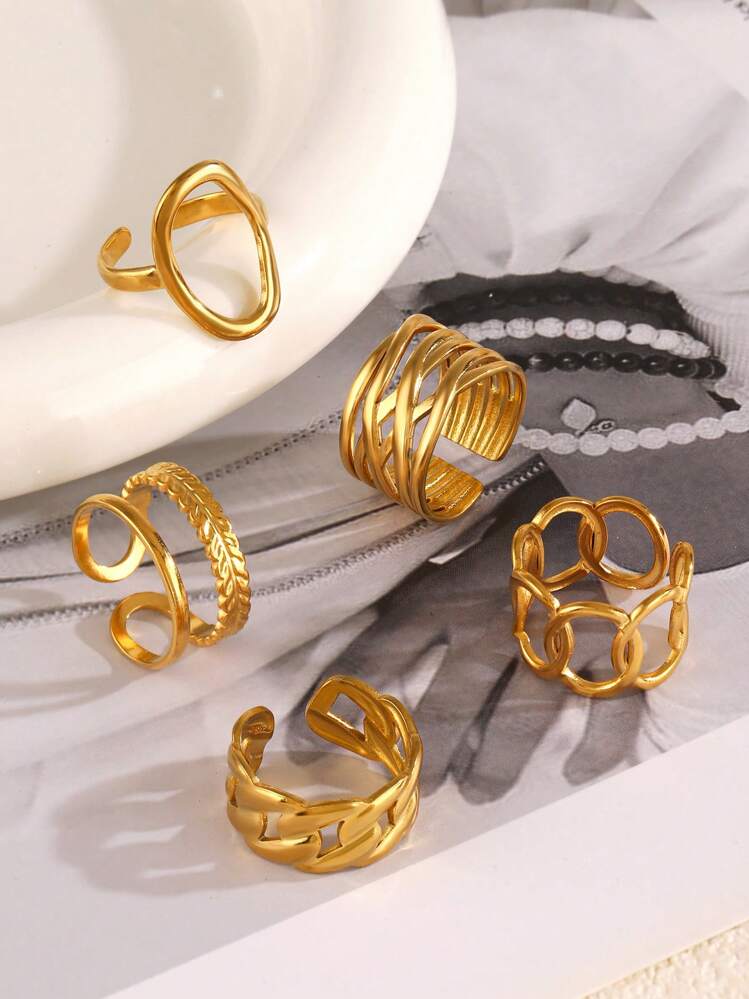 5pcs Stainless Steel Fashion Geometric Line Rings, Suitable For Women Daily Wear - Yellow Gold - View 4