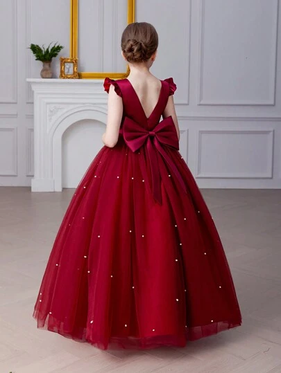 少女酒红色短袖手工串珠蝴蝶结圣诞派对优雅连衣裙，公主裙，适合女孩生日派对、舞会、毕业典礼、婚礼伴娘、节日庆典等场合。