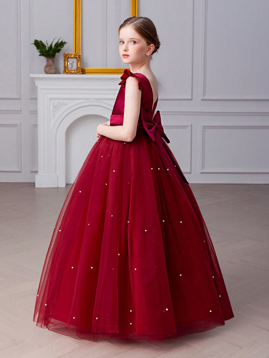 Tween Girl Ruffled Bow Decor Mesh Princess Dress,Suitable For Birthday