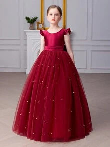 少女酒红色短袖手工串珠蝴蝶结圣诞派对优雅连衣裙，公主裙，适合女孩生日派对、舞会、毕业典礼、婚礼伴娘、节日庆典等场合。