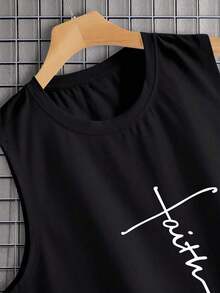Oversized Tank Top Cross Printed Shirt Unisex Scoop Neck Shirt Loose Cotton T-Shirt Men Women - màu đen - Xem 3