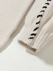 EAVA Autumn/Winter Solid-Color Soft Oversized Drop-Shoulder Crewneck Pullover With Hand-Stitched Hem,Valentine's Day,Valentine Outfits For Women,Valentine Clothes - Khaki - View 4