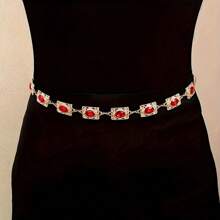复古女士水晶装饰腰链，红色金属链波西米亚玛瑙水晶腰带，适合休闲、婚礼、春夏秋冬、夏季上学、秋季、万圣节等场合。 - 金色 - 查看 2
