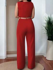Women's V Neck Wide Leg Jumpsuit With Pocket Adjustable Waist Belt - 紅色 - 查看 2