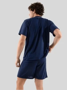 Men's Pajamas Short Sleeve Button Shirt And Shorts Summer Comfortable Sleepwear - Navy Blue - View 4