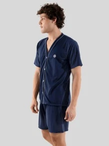 Men's Pajamas Short Sleeve Button Shirt And Shorts Summer Comfortable Sleepwear - Navy Blue - View 2