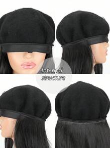 16英寸合成直发短波波头假发，配贝雷帽，经典法式时尚帽，女士冬季保暖假发，圣诞礼物 - 黑色 - 查看 5