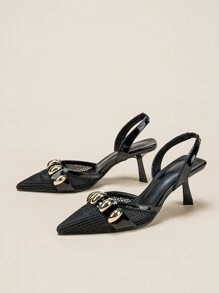 女士尖头激光切割金属扣带镂空粗跟高跟鞋 - 黑色 - 查看 3