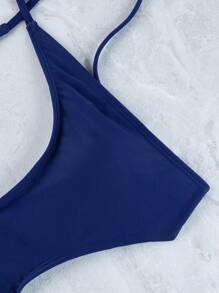 1pc Women's Sexy Nylon Solid Color Spaghetti Strap Backless One-Piece Swimsuit, Suitable For Summer Beach Vacation - Navy Blue - View 7