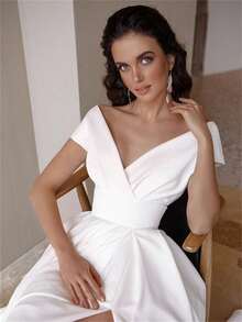 Vestido De Noche Sexi Sin Tirantes Con Volantes Casual Elegante Moda Para Mujer,Wrap Midi Cintura Color Sólido Vestidos Largos De Noche - Blanco - Ver 3