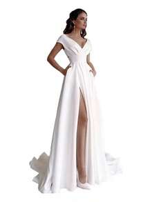 Vestido De Noche Sexi Sin Tirantes Con Volantes Casual Elegante Moda Para Mujer,Wrap Midi Cintura Color Sólido Vestidos Largos De Noche - Blanco - Ver 5