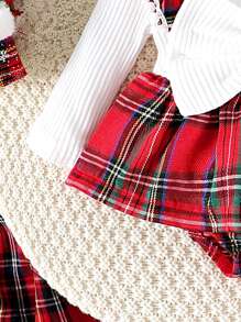 2pcs Baby Girl Bow-Knot Decor White Ribbed & Red Plaid Ruffled Bodysuit With Headband, Spring & Autumn - Red - View 7