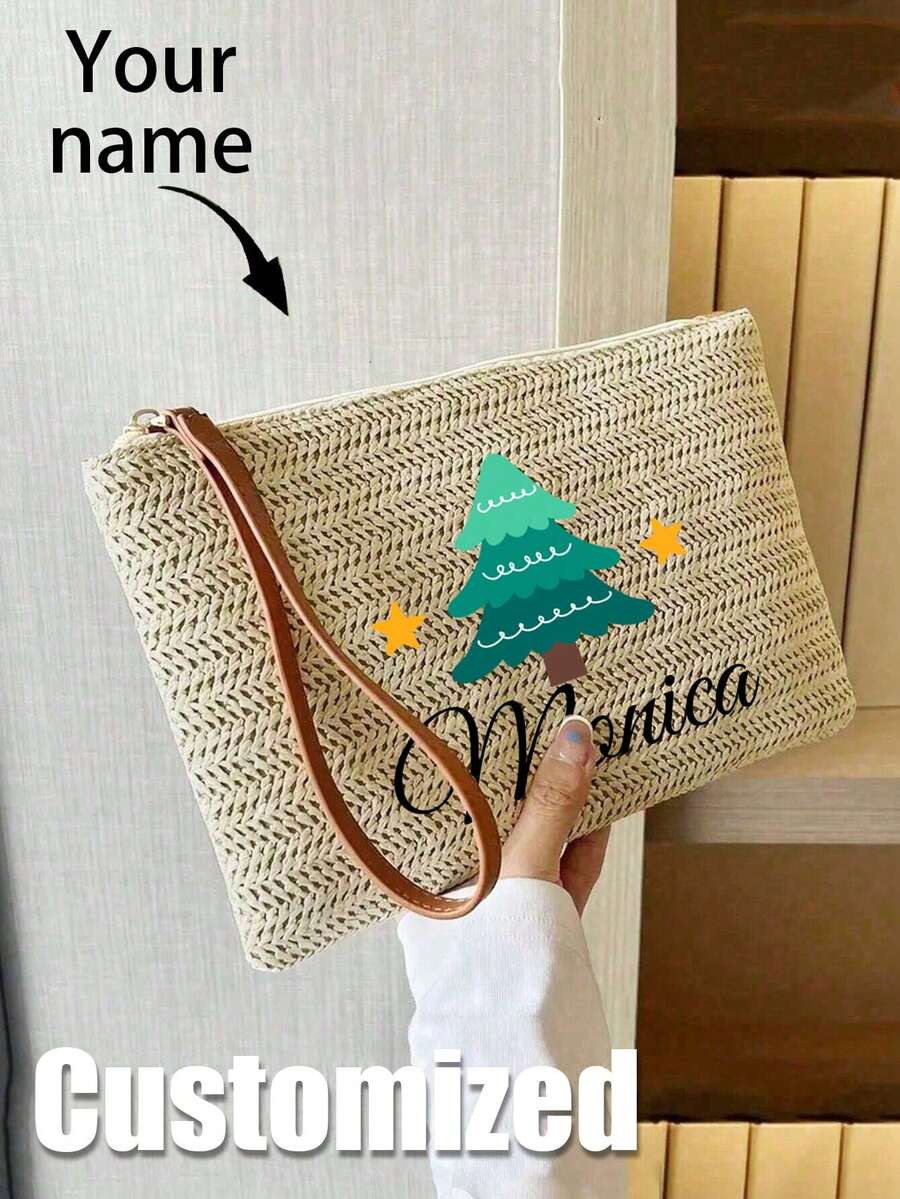 1 chiếc túi cầm tay đan bằng rơm, túi đeo tay đan bằng rơm dành cho nữ, túi xách đan bằng rơm cổ điển thời trang, ví thời trang phong cách Boho, dã ngoại du lịch, hoàn hảo cho kỳ nghỉ du lịch bãi biển mùa hè, cho ngoài trời, ngày lễ - Màu be - Xem 1