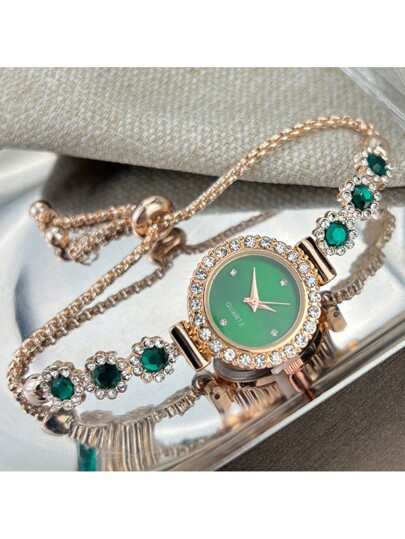 1pc Groen Rhinestone Bead Pull Type Bracelet Watch, Elegante Quartz Horloge Alloy Hoesje Dial