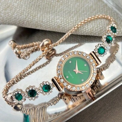 1pc Women's Green Color Rhinestone & Bead Decor Pull-Type Bracelet Watch, Elegant Quartz Watch With Alloy Case And Rhinestone Dial