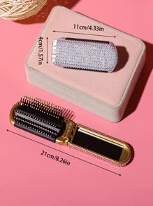 1pc Folding Comb With Attached Mirror, Miniature, Portable, Rhinestone Decorated, Cushion Brush, Hd Makeup Mirror, High-End Luxury Hair Brush, Back To School Supplies - Multicolor - View 3
