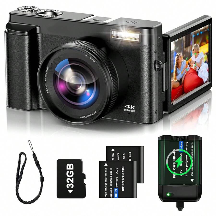 Nicamery 4K Digital Camera For Photography Auto Focus 48MP Vlogging Camera With 3 Inch 180° Flip Screen 16x Digital Zoom 4K Video Compact Travel Camera With SD Card, Flash, Anti-Shake, 2 Batteries - 黑色 - 查看 1