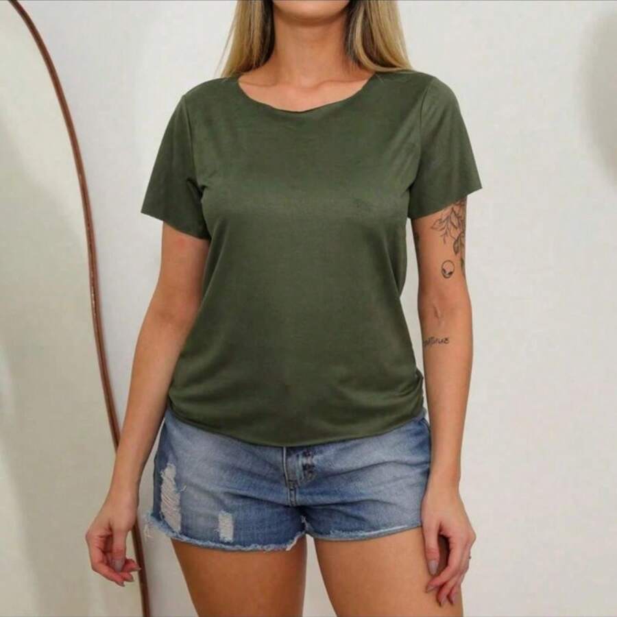 SUEDE Blouse Women's Suede T Shirt Casual Fashion - 綠色 - 查看 1