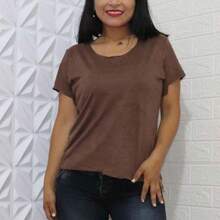 SUEDE Blouse Women's Suede T Shirt Casual Fashion - 綠色 - 查看 4