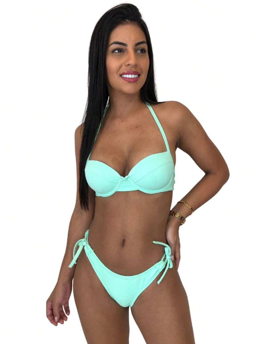 Bikini Delta Wing Underwire With Padded Lace-Up Panties Double String UV Sun Protection - Màu xanh nhạt - Xem 1