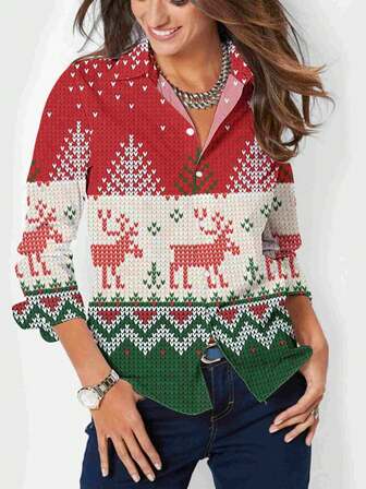 New Stylish Women Casual Shirt With Cute Christmas Geometric Digital 3D Print, Turndown Collar, Unique Design