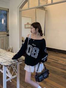 女士休闲宽松字母印花不对称露肩长袖针织卫衣，秋季服装黑色春季款 - 黑色 - 查看 4