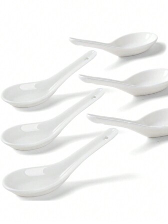 2/4/6/12pcs Asian Ceramic Soup Spoons, 5.3 Inch (13.5cm) Ramen Spoons Suitable For Corelle, Pho, Miso, Wonton, Ramen, Dumplings, Macarons, Dishwasher & Oven Friendly,School Supplies