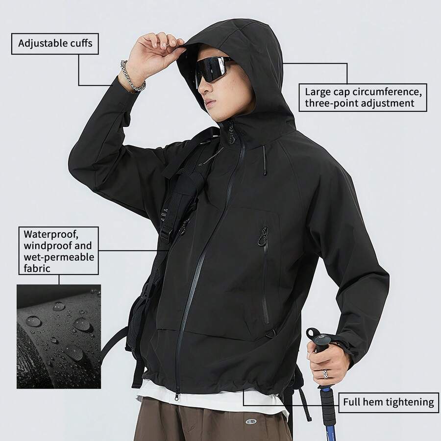 1 chiếc áo khoác gió có mũ trùm đầu phong cách thể thao ngoài trời cho nam, áo khoác thường ngày màu trơn - màu đen - Xem 1