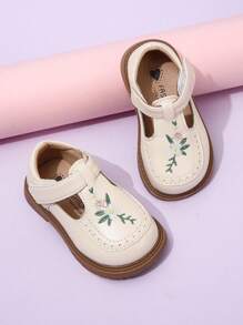 1 Pair Beige Cute Embroidered PU Kids Flat Loafers, Suitable For All Seasons