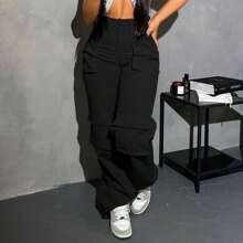 Cargo Pants For Women High Waisted Casual Pants Baggy Wide Leg Jogger Y2K Streetwear With Pockets - 黑色 - 查看 3