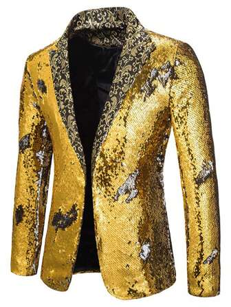 Sequin Decor Two-Tone Men's Blazer, Stage Performance Wear, Long Sleeve Nightclub DJ Singer Suit