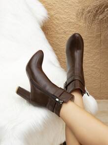 女士棕色粗跟尖头性感时尚百搭短靴，秋冬新款，柔软皮革搭扣中筒侧拉链踝靴切尔西靴，英伦风修身优雅 - 棕色 - 查看 5