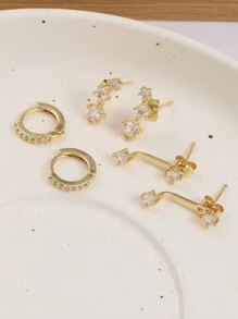 6pcs Simple Copper Zirconia Hoop Earrings Set For Women, Couples, Sisters, Holiday, Daily Matching - Yellow Gold - View 3