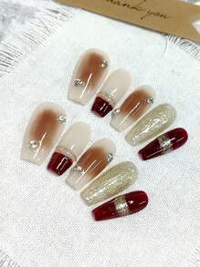 10 pièces Set d'embouts d'ongles en forme de cercueil élégants, faits à la main, comprenant 1 bouteille de gel jelly et 1 lime à ongles, pour fête, mariage, port quotidien - couleur thé givré