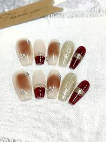 10 pièces Set d'embouts d'ongles en forme de cercueil élégants, faits à la main, comprenant 1 bouteille de gel jelly et 1 lime à ongles, pour fête, mariage, port quotidien - couleur thé givré