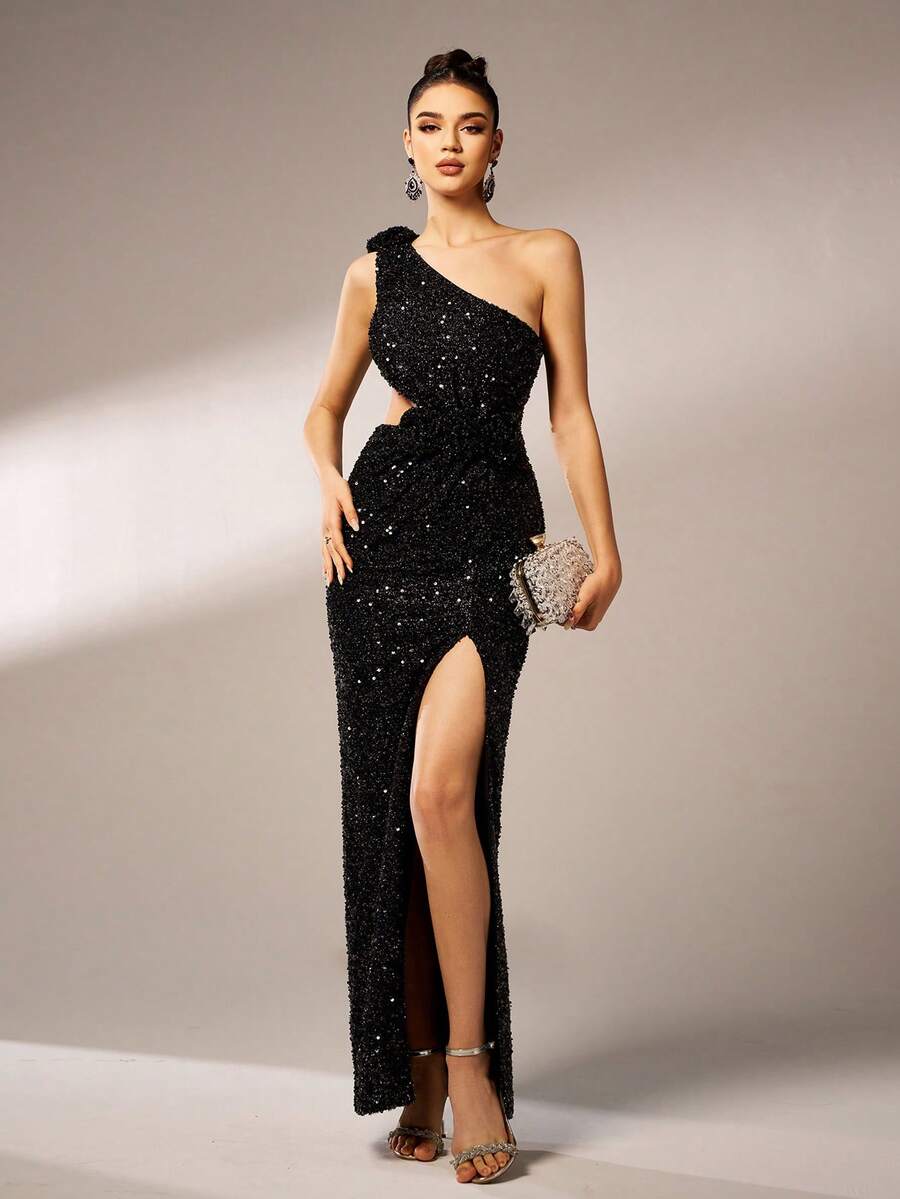 Missord Váy dạ hội xẻ cao hở một bên vai đính sequin thanh lịch - màu đen - Xem 1