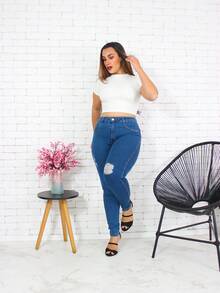 High Waist Mid Rise Pants - Rửa trung bình - Xem 4