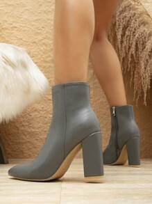 Women's Fashion New Grey Boots, High-Quality Leather, Minimalist, Versatile, Side Zipper, Super High Heel, Chunky Heel, Pointed Toe, Moto Boot