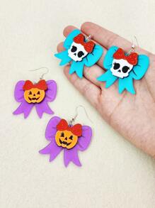 1pair Cute Glitter Bow Pumpkin Skull Earrings Women Girl's Funny Acrylic Jewelry Halloween Festival Accessories