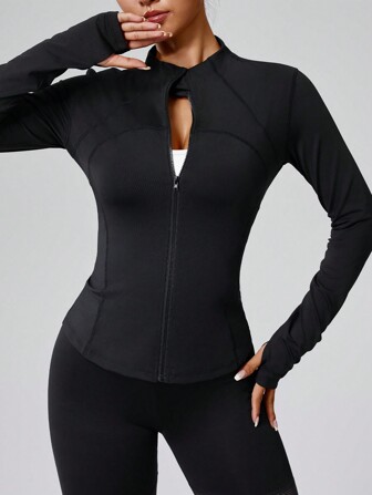 女士纯色全拉链长袖运动夹克，带拇指孔袖口，适合健身、瑜伽、跑步