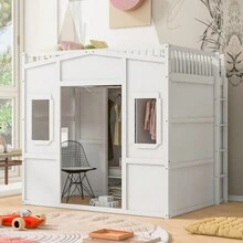Full Size House Loft Bed With Ladder And Wardrobe-White - 白色+實木+全如圖 - 查看 1
